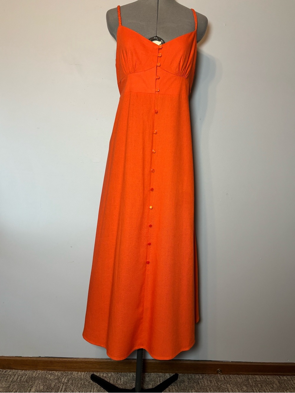 Monteau linen Spaghetti-Strap Orange Maxi Dress with Front Buttons - large